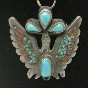 Navajo Turquoise Coral Silver  Kachina pendant pin